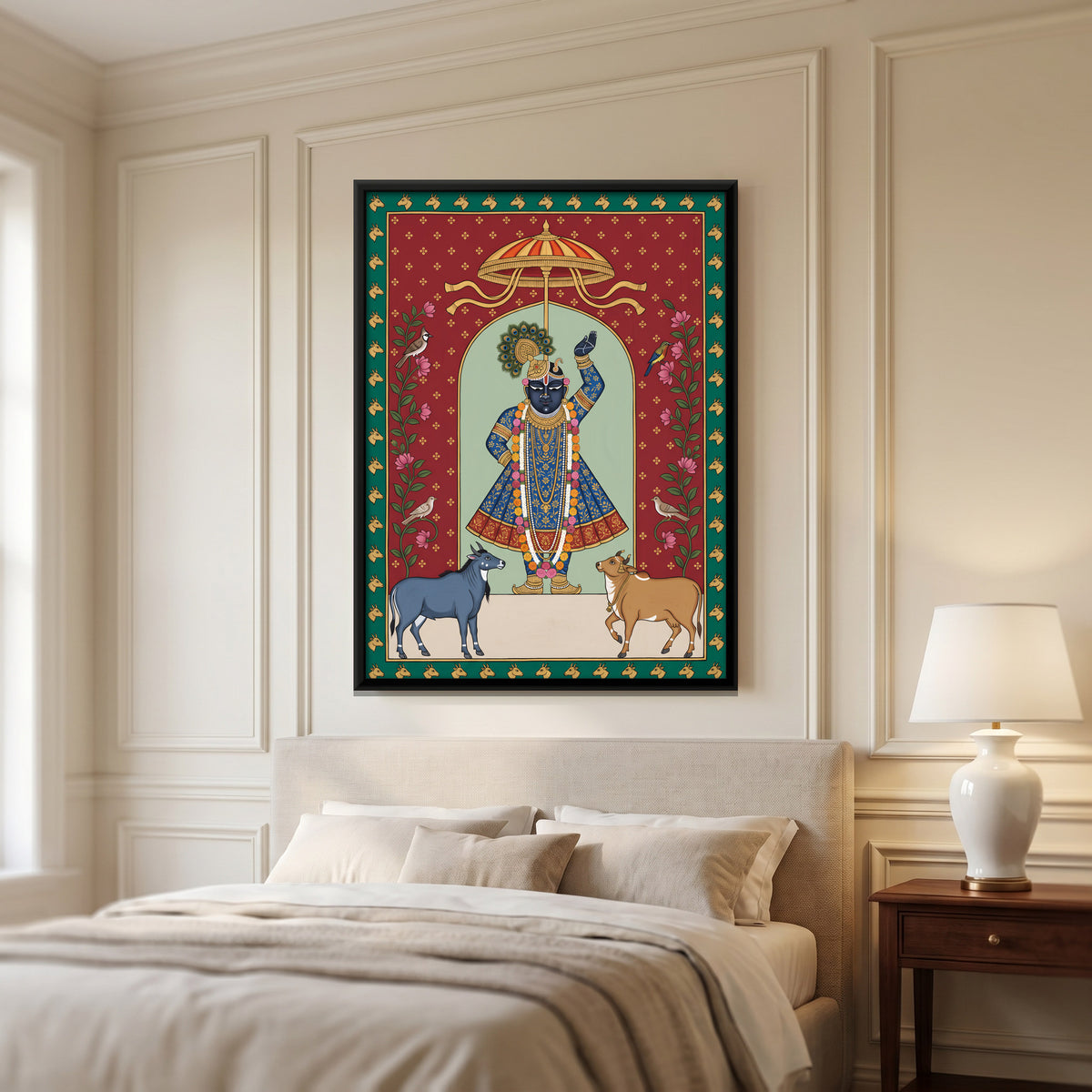 Shrinathji with Nilgai and Cow - canvas art shown in a second room setting