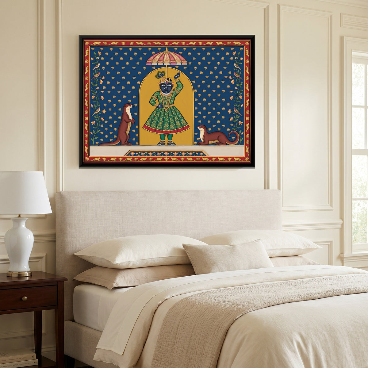 Shrinathji with Otters - canvas art shown in a styled room