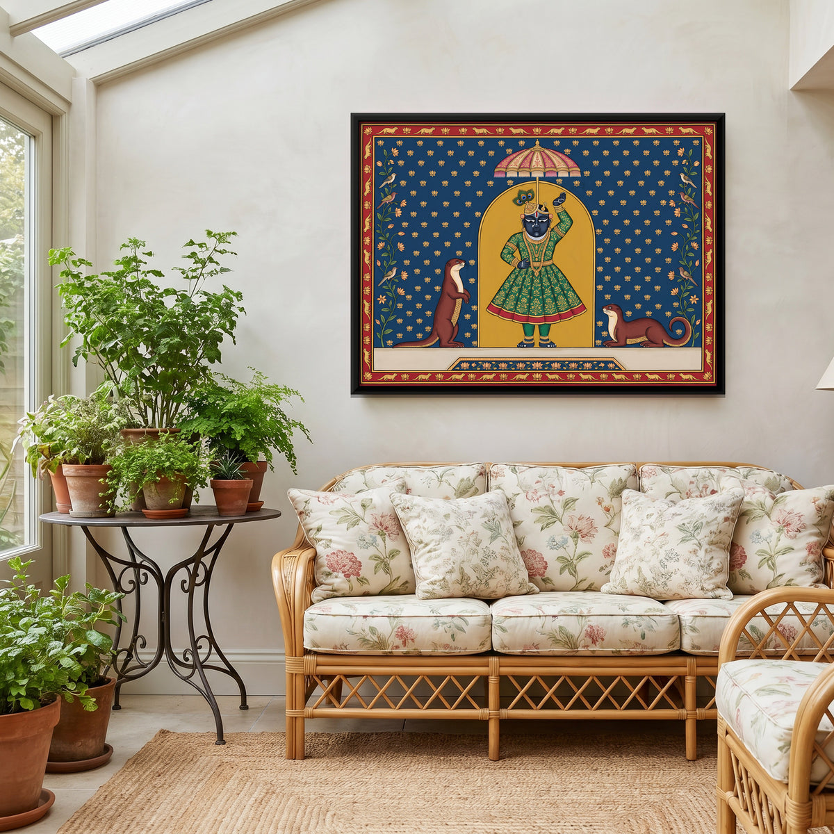 Shrinathji with Otters - canvas art shown in a second room setting