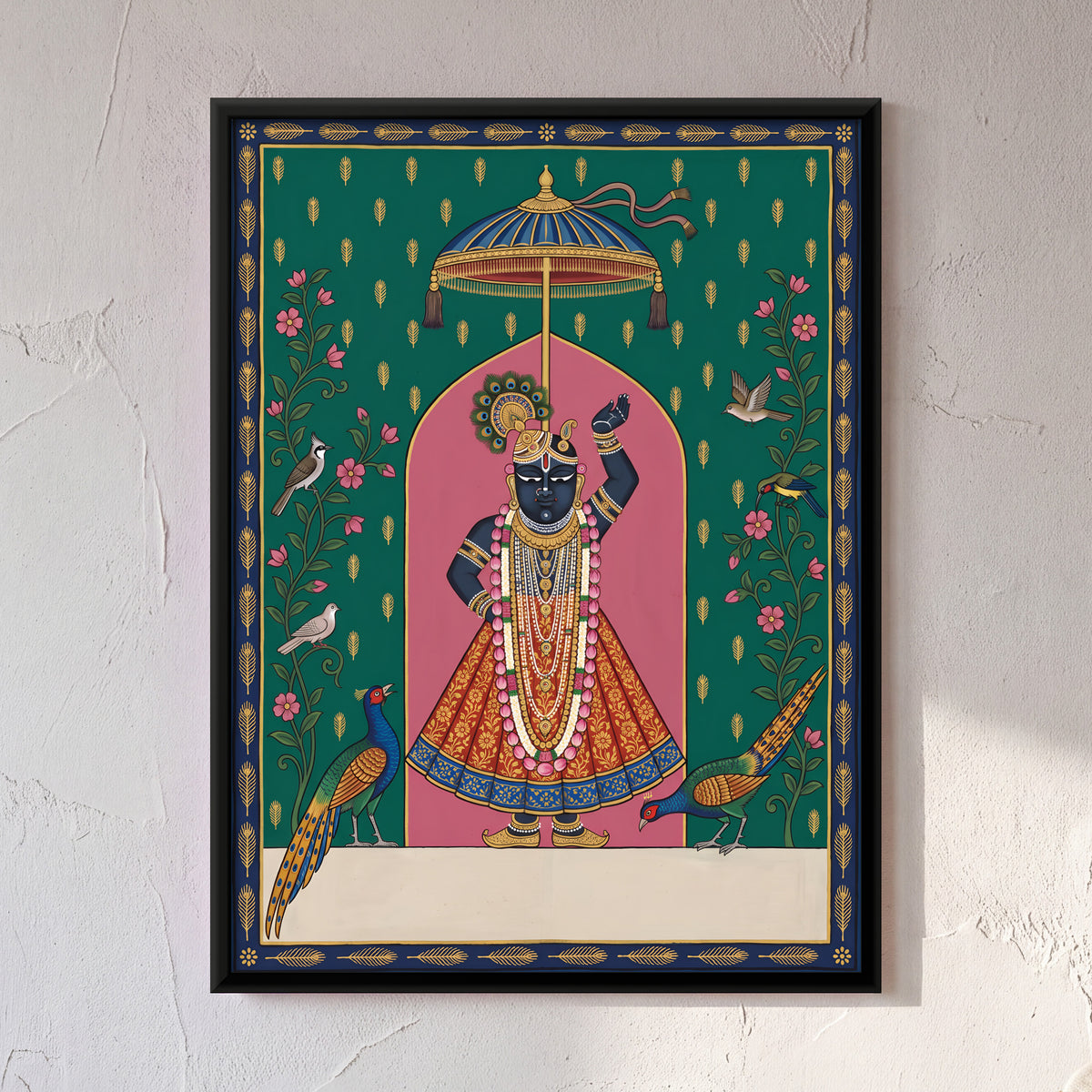Shrinathji with Pheasants - framed canvas art hung on a wall