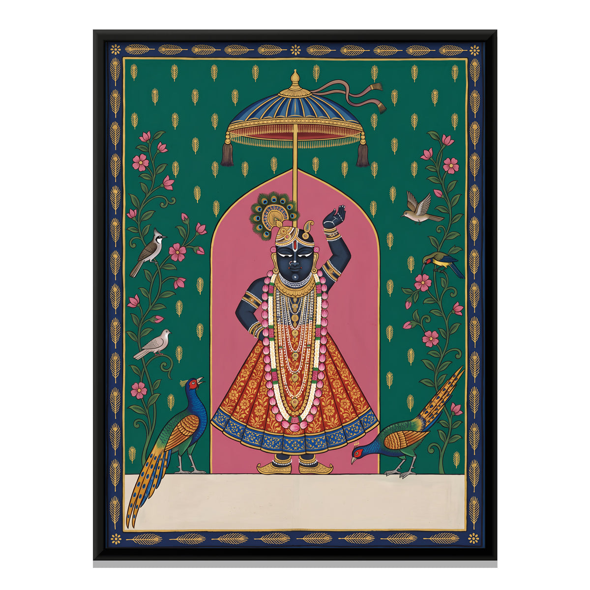 Shrinathji with Pheasants - framed canvas print, front view