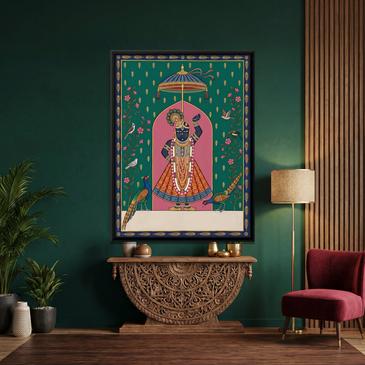 Shrinathji with Pheasants - canvas art shown in a styled room