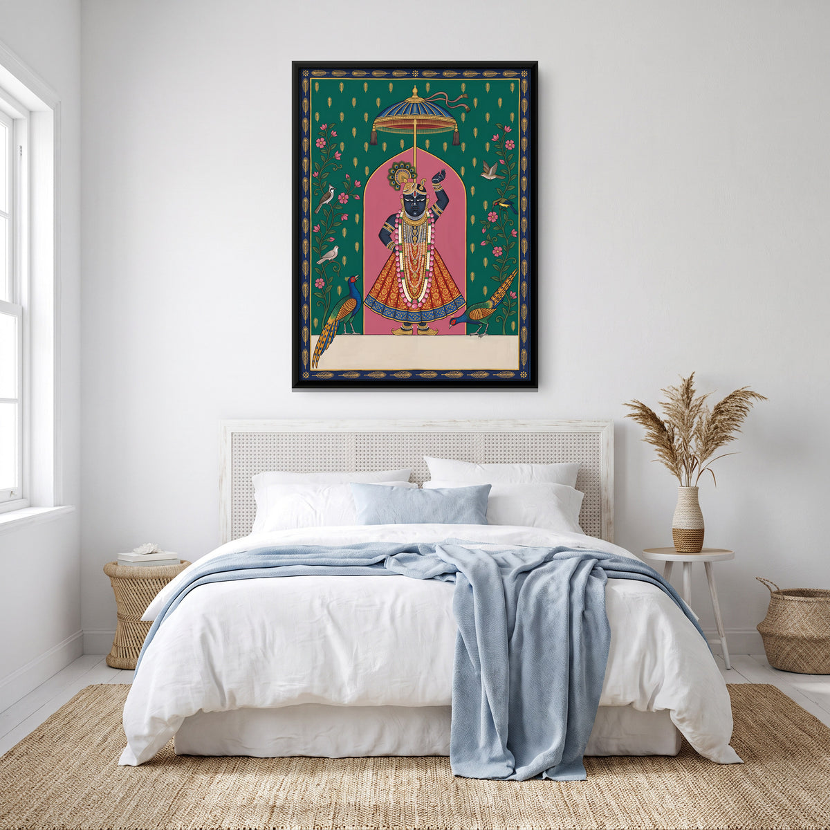 Shrinathji with Pheasants - canvas art shown in a second room setting