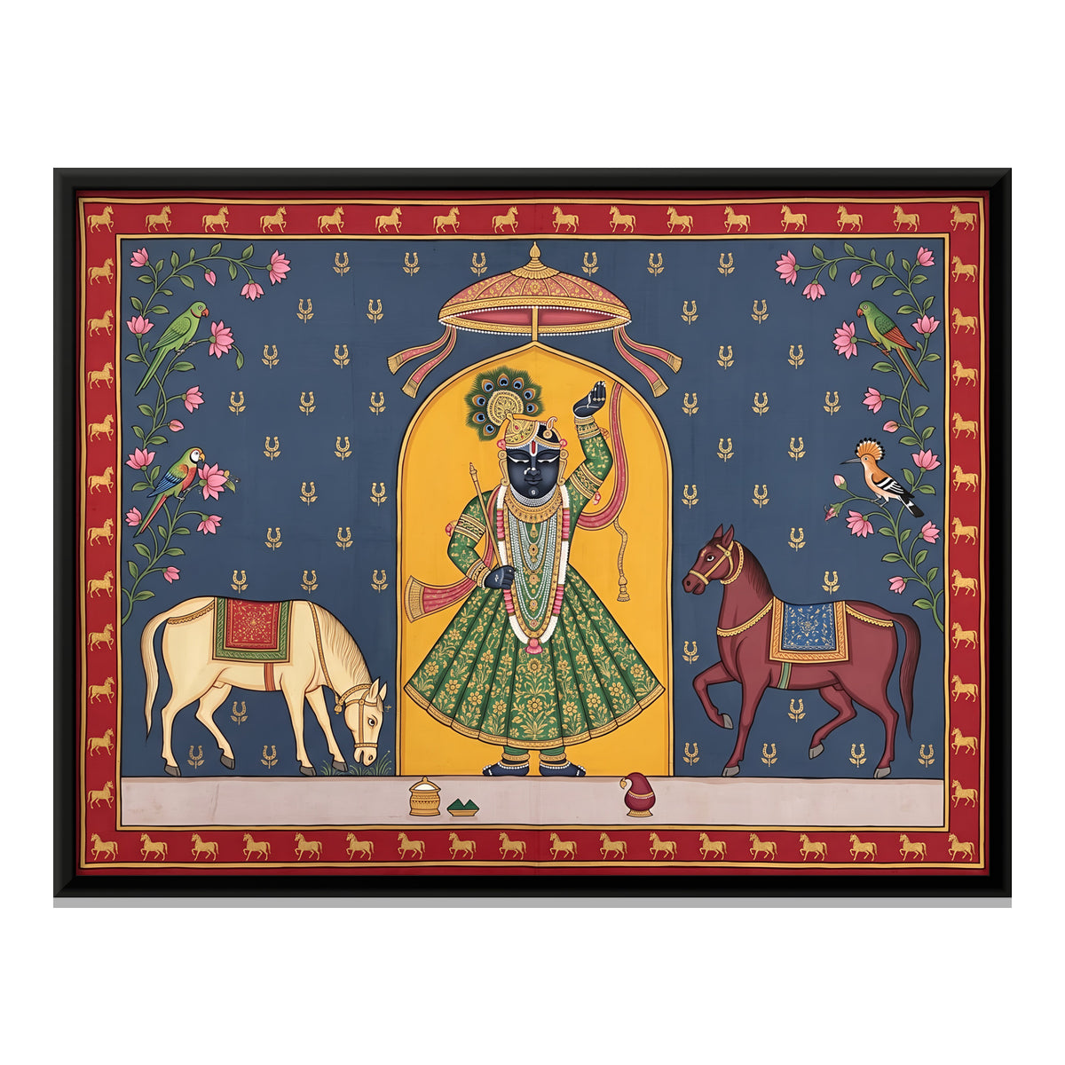 Shrinathji with Horses - framed canvas print, front view
