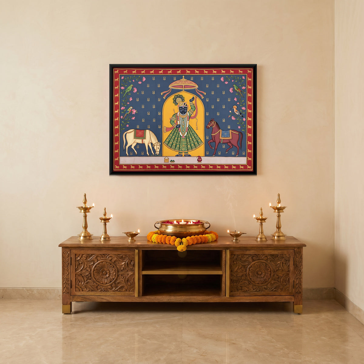 Shrinathji with Horses - canvas art shown in a styled room