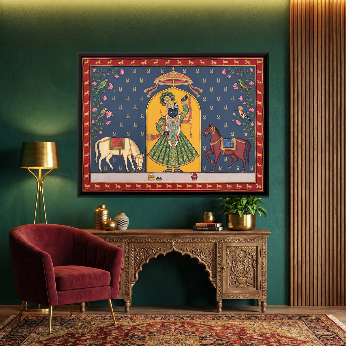Shrinathji with Horses - canvas art shown in a second room setting