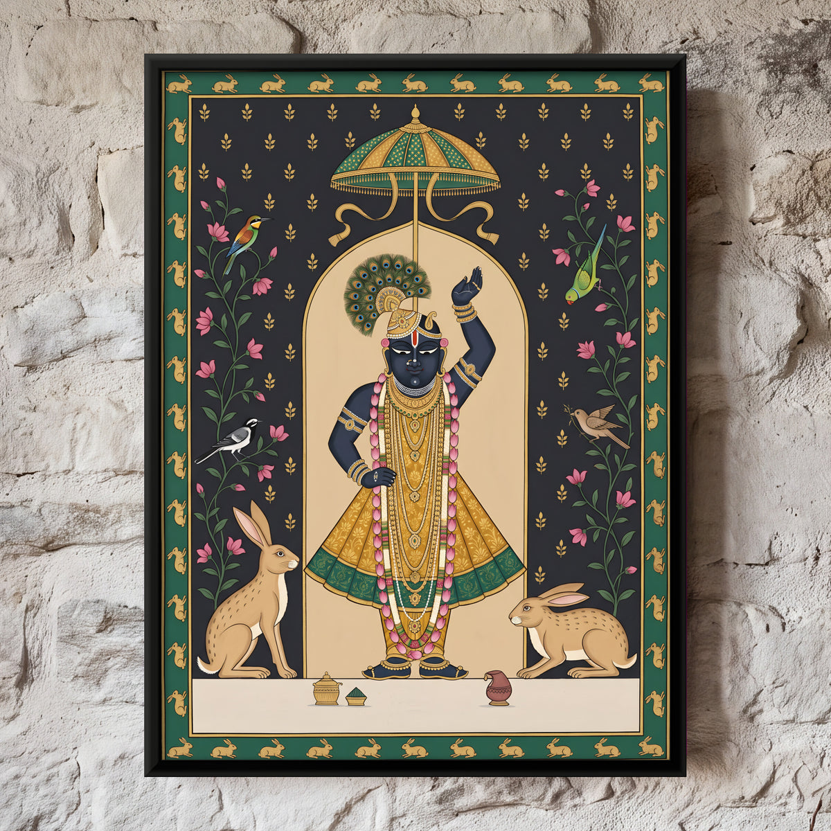 Shrinathji with Hares - framed canvas art hung on a wall