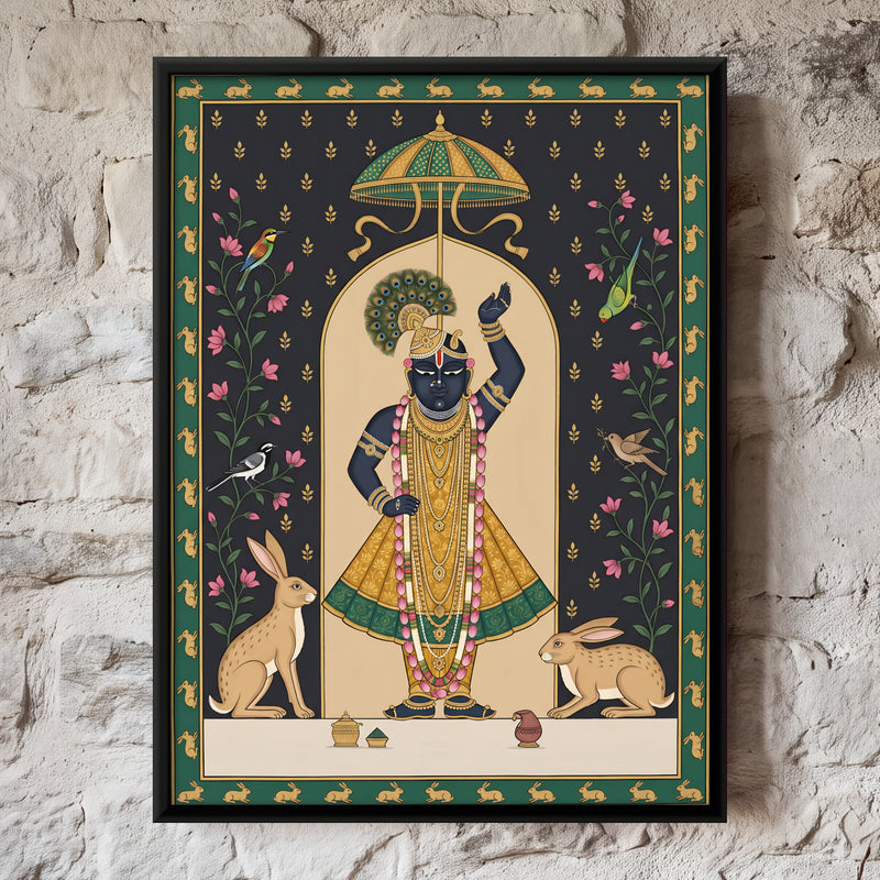 Shrinathji with Hares - framed canvas art hung on a wall