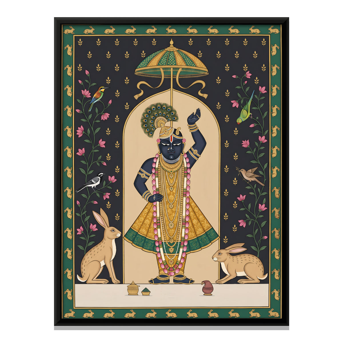 Shrinathji with Hares - framed canvas print, front view