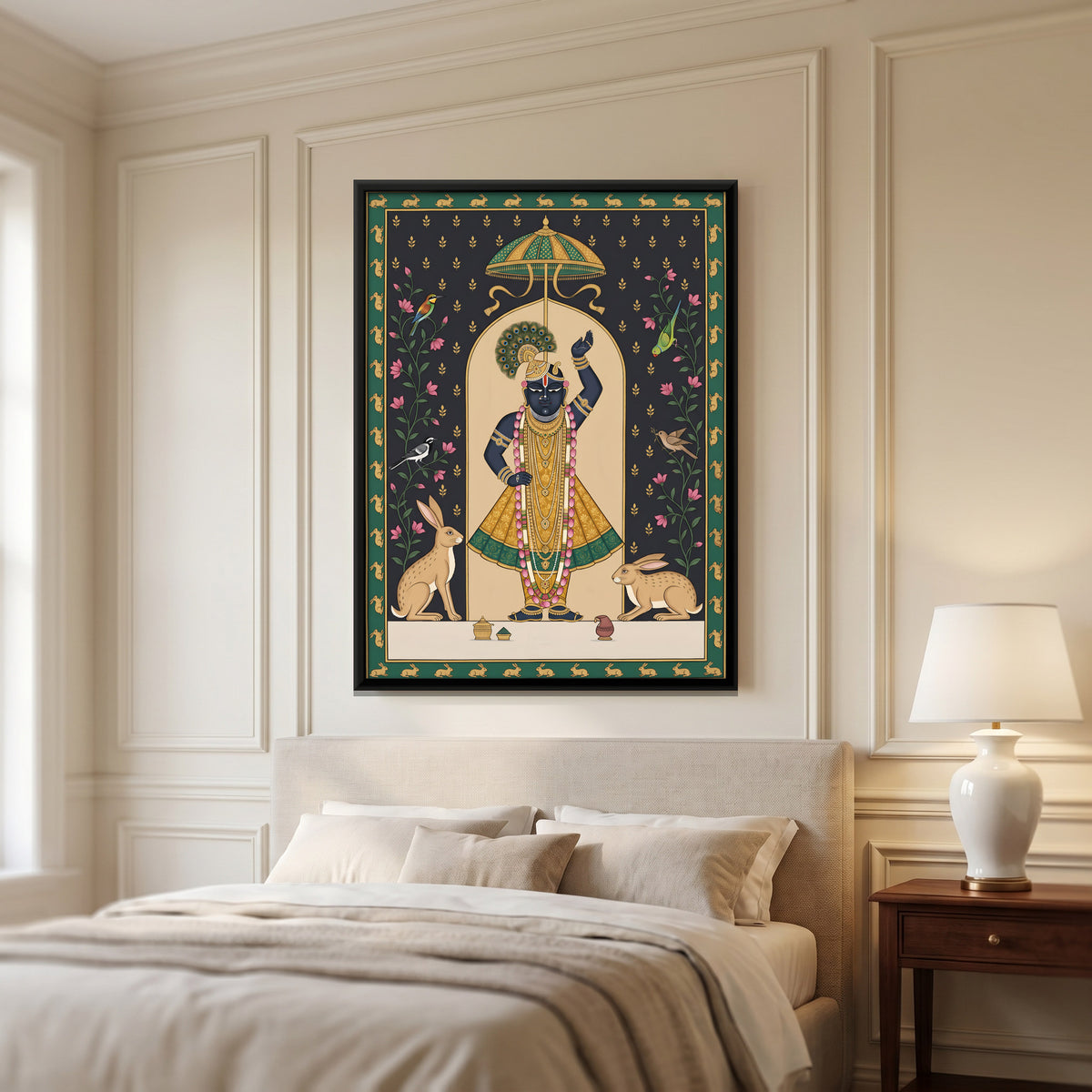 Shrinathji with Hares - canvas art shown in a styled room
