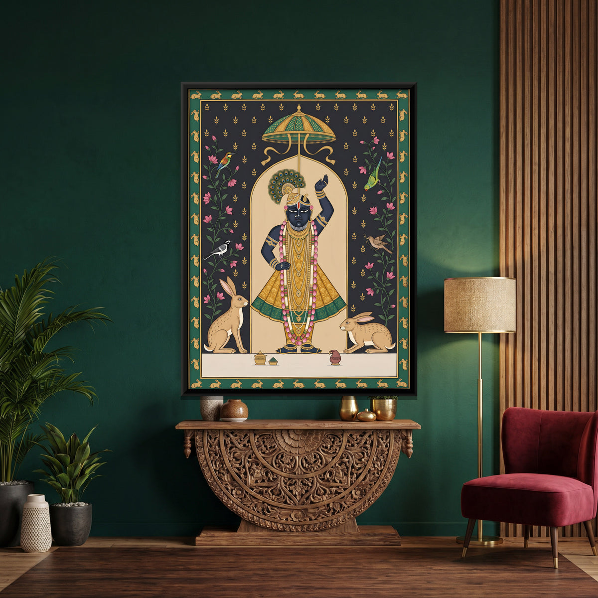 Shrinathji with Hares - canvas art shown in a second room setting