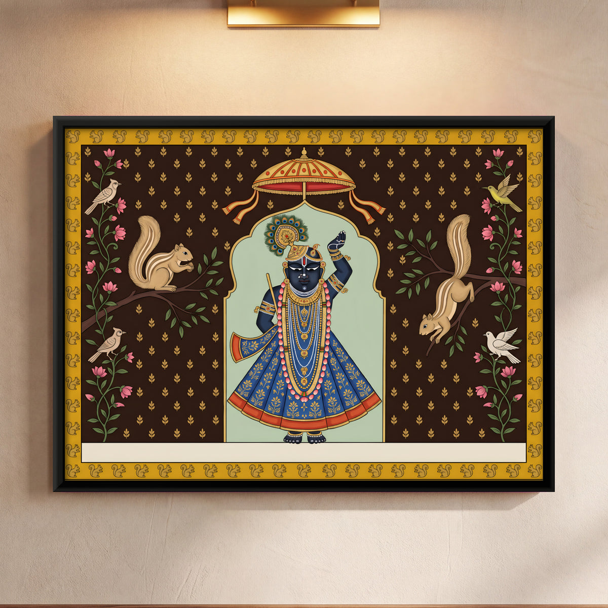 Shrinathji with Squirrels - framed canvas art hung on a wall