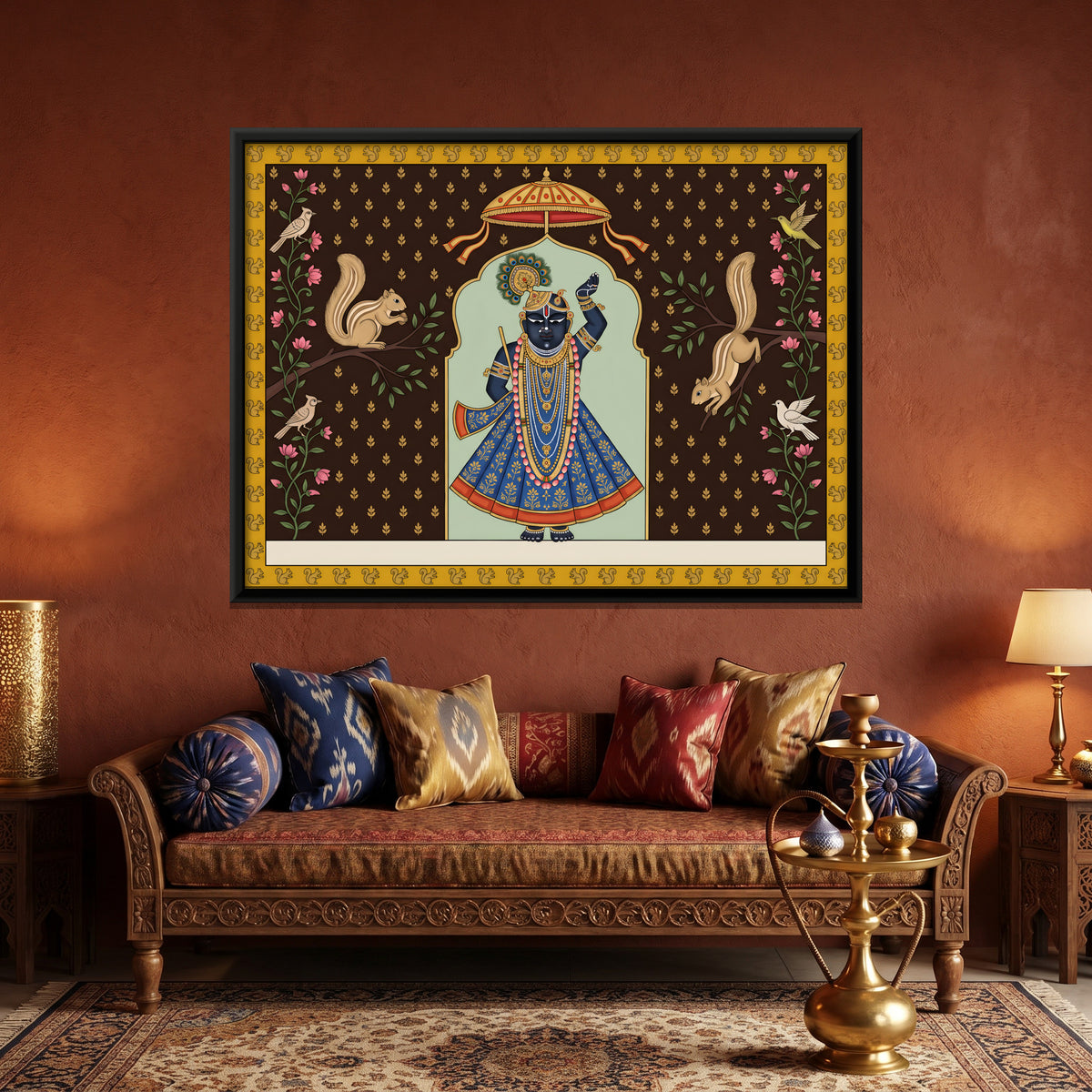 Shrinathji with Squirrels - canvas art shown in a second room setting