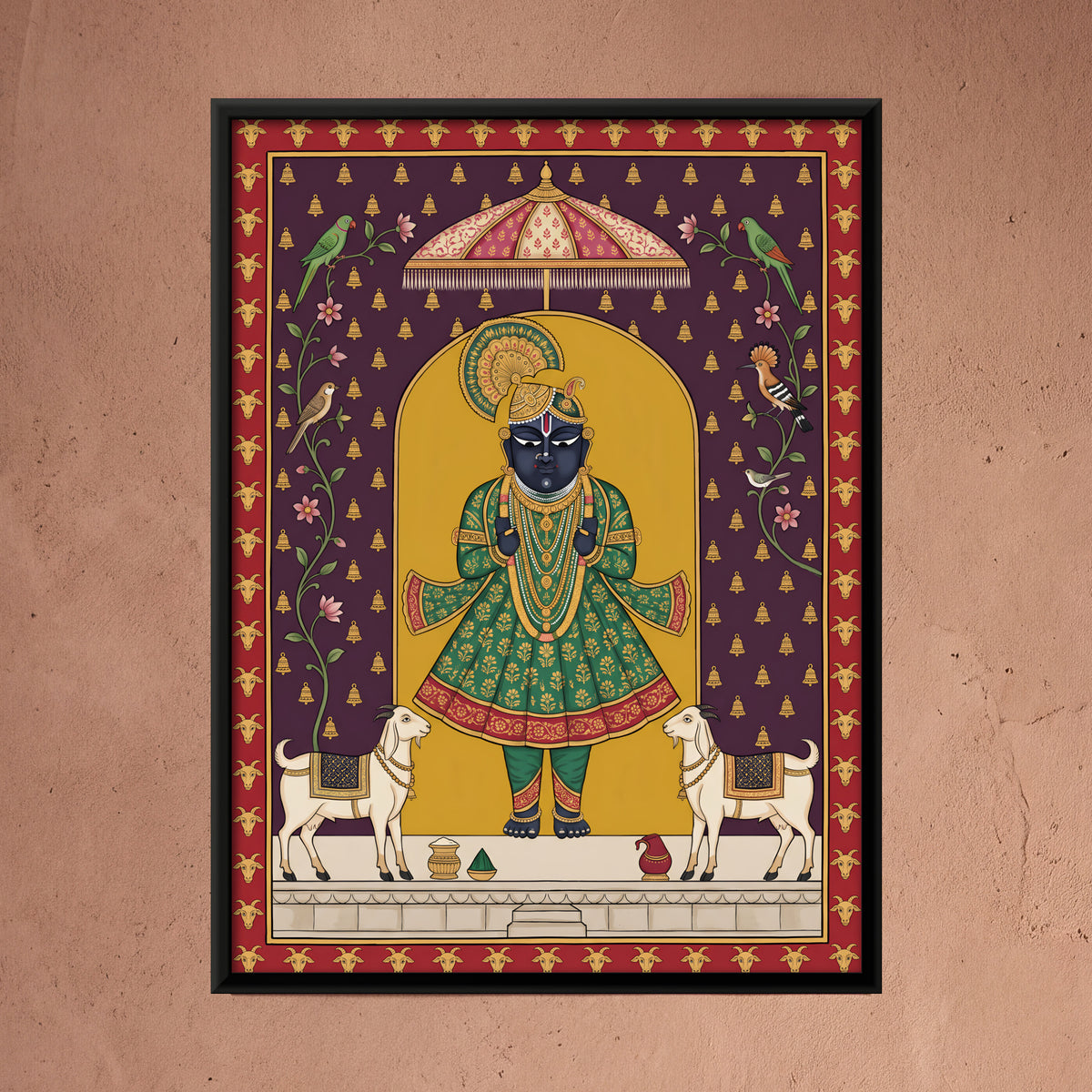 Shrinathji with Goats - framed canvas art hung on a wall
