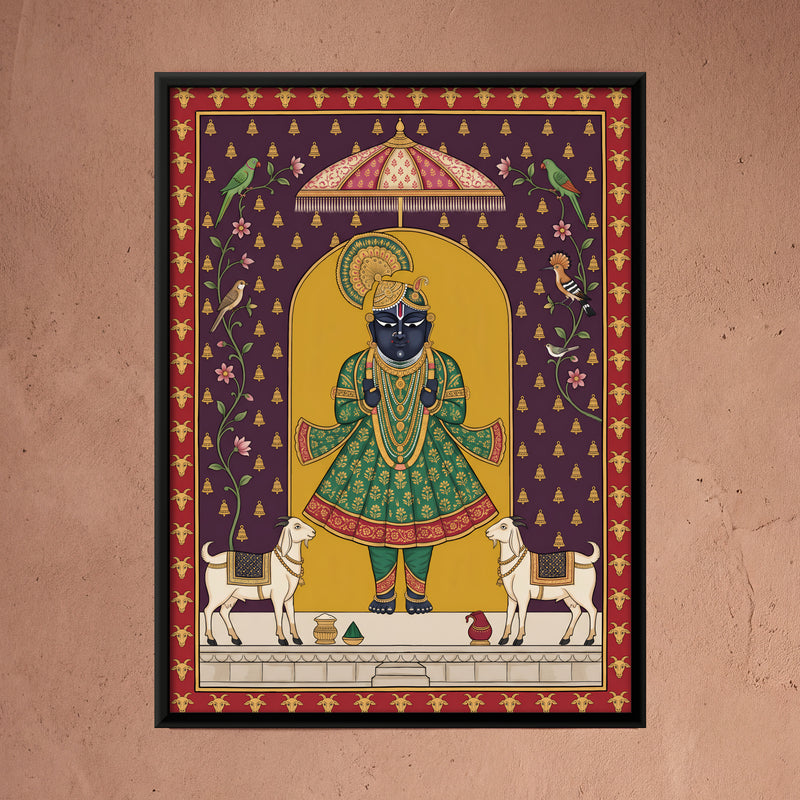 Shrinathji with Goats - framed canvas art hung on a wall