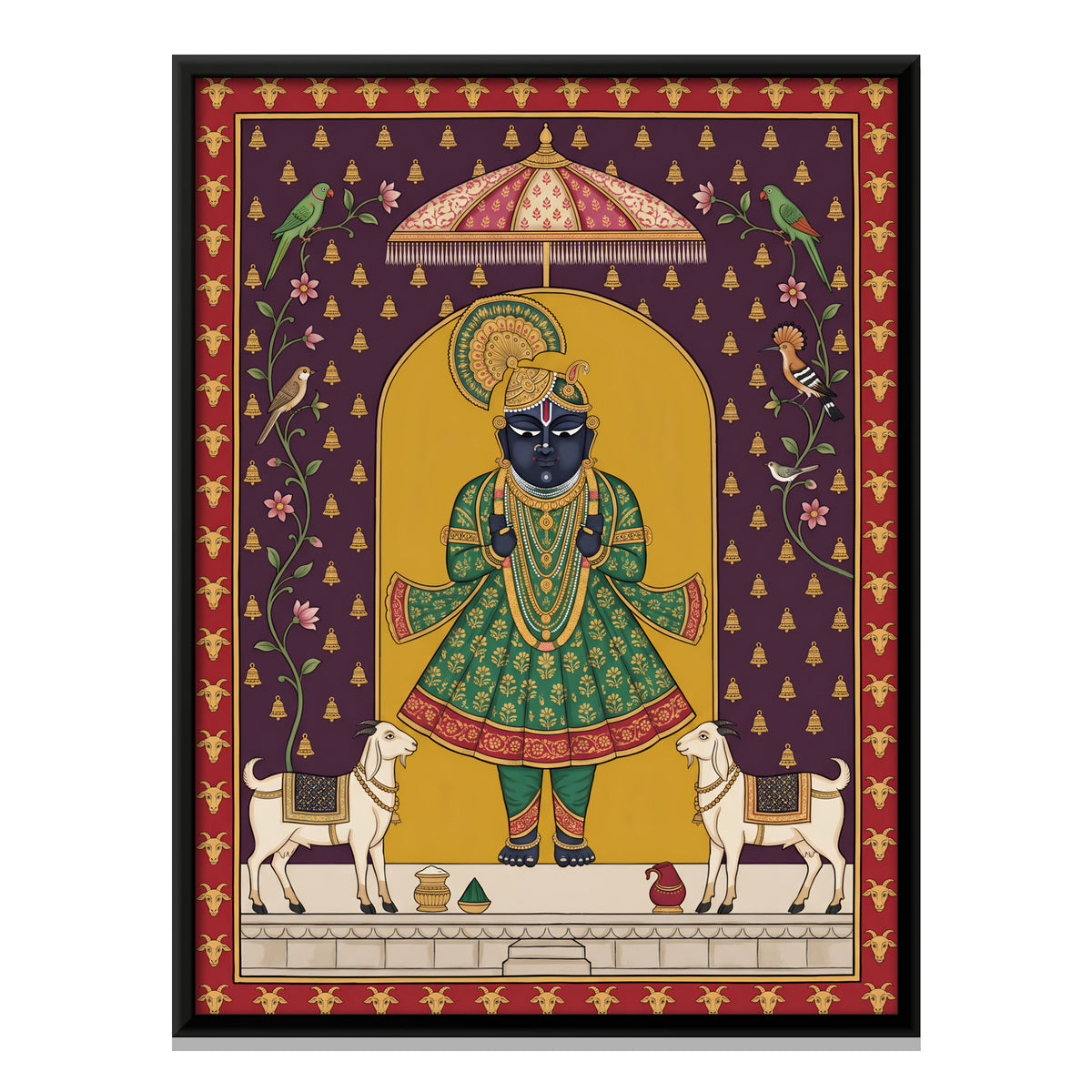Shrinathji with Goats - framed canvas print, front view
