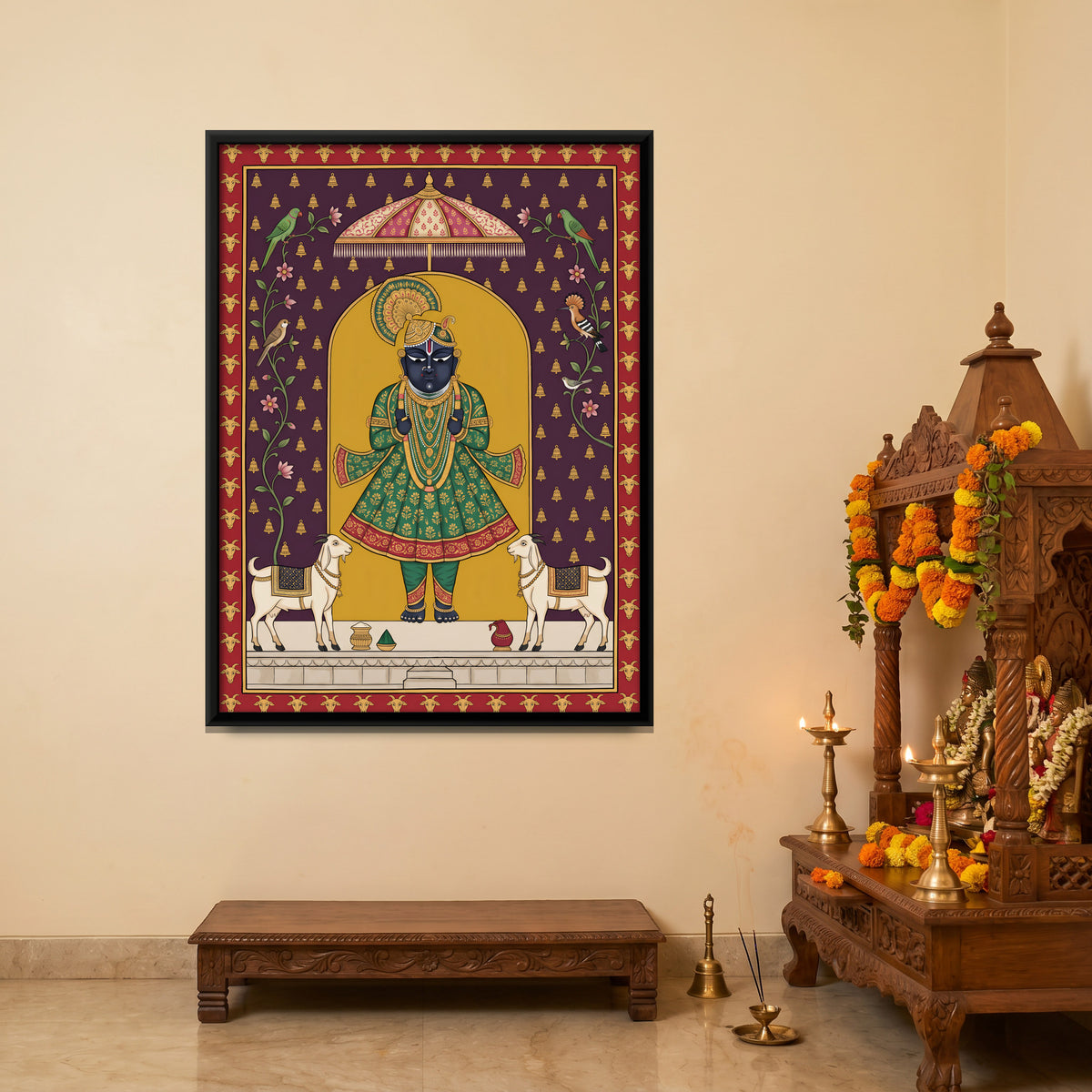 Shrinathji with Goats - canvas art shown in a styled room