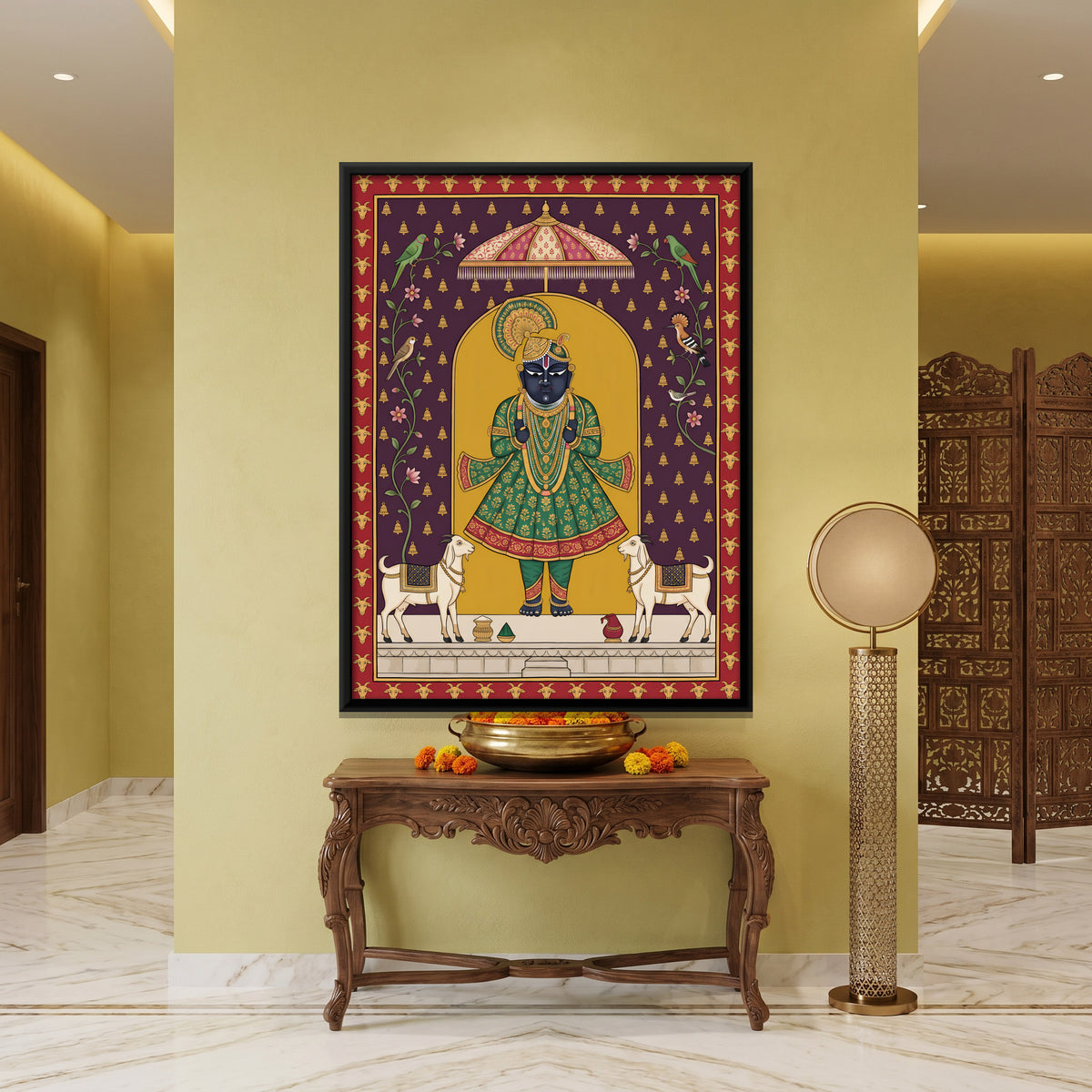 Shrinathji with Goats - canvas art shown in a second room setting