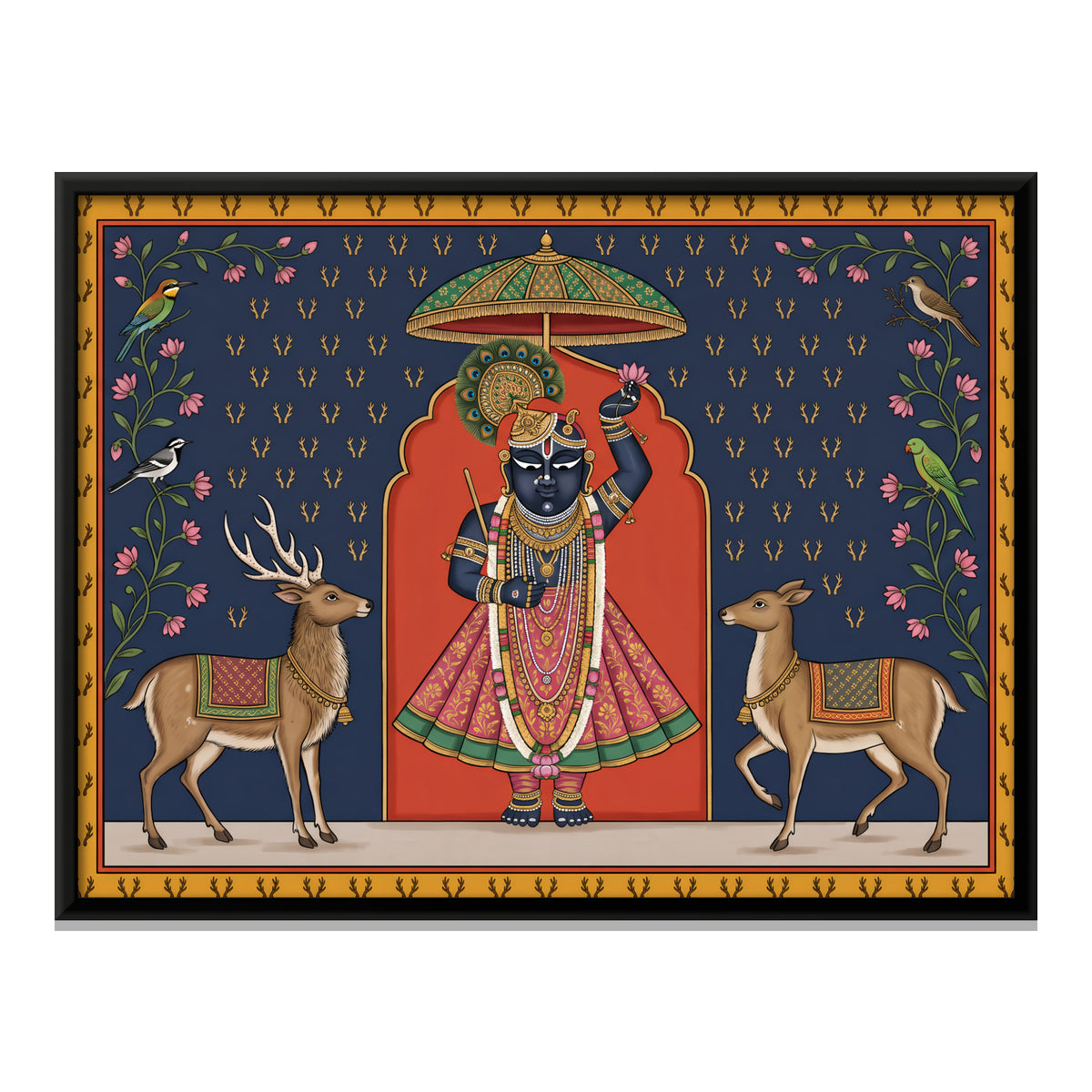 Shrinathji with Deer - framed canvas print, front view