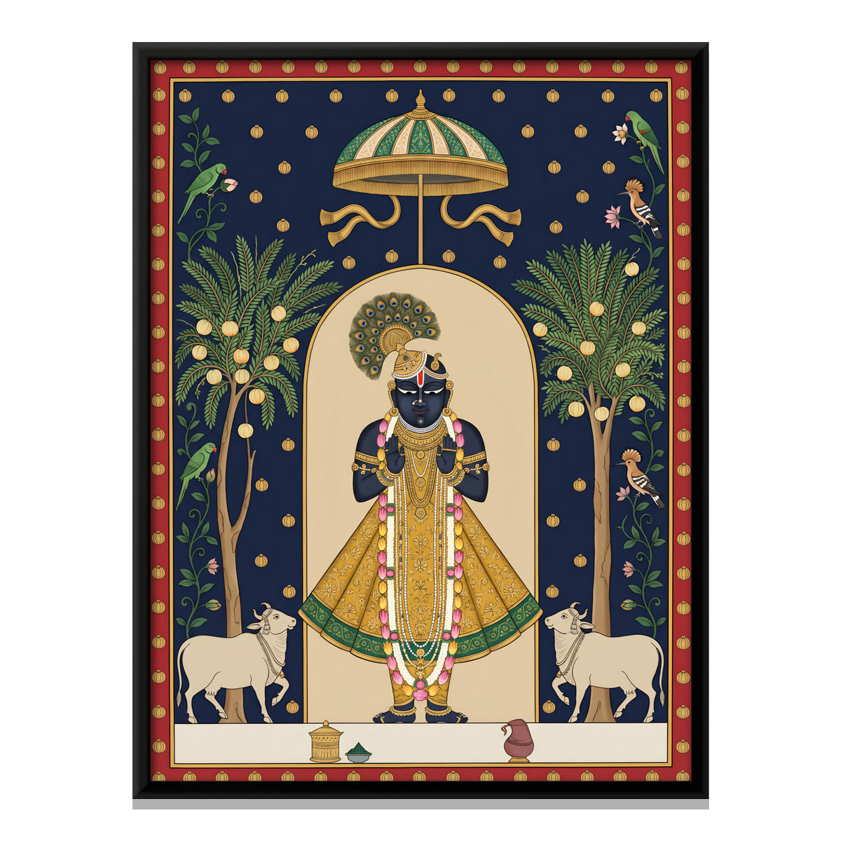 Shrinathji with Cows and Amla Trees - framed canvas print, front view