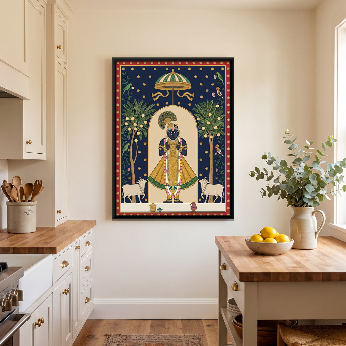 Shrinathji with Cows and Amla Trees - canvas art shown in a styled room