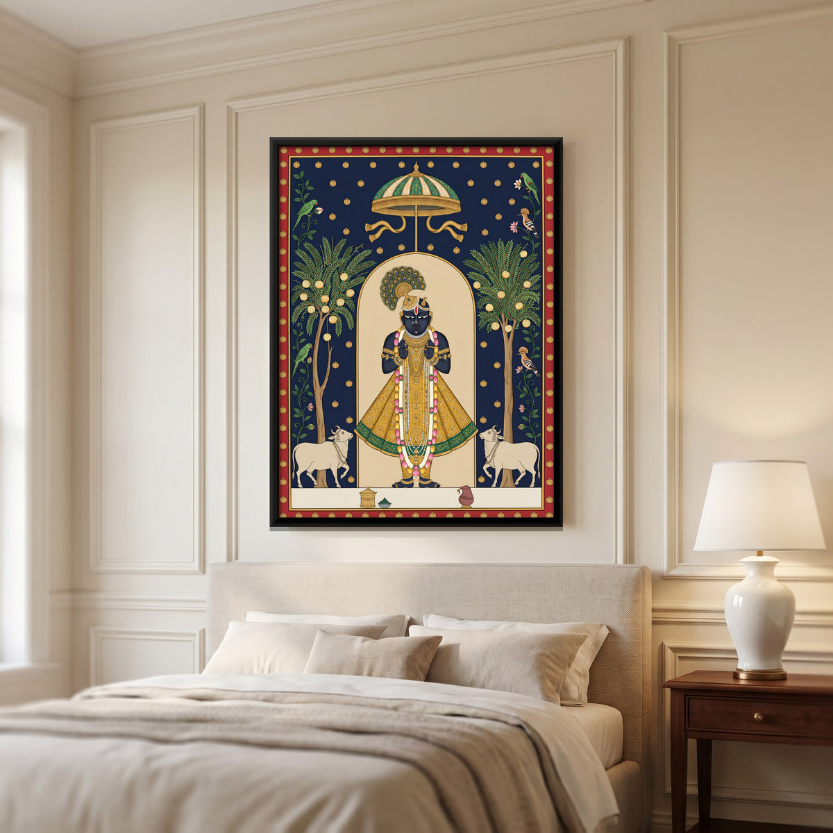 Shrinathji with Cows and Amla Trees - canvas art shown in a second room setting