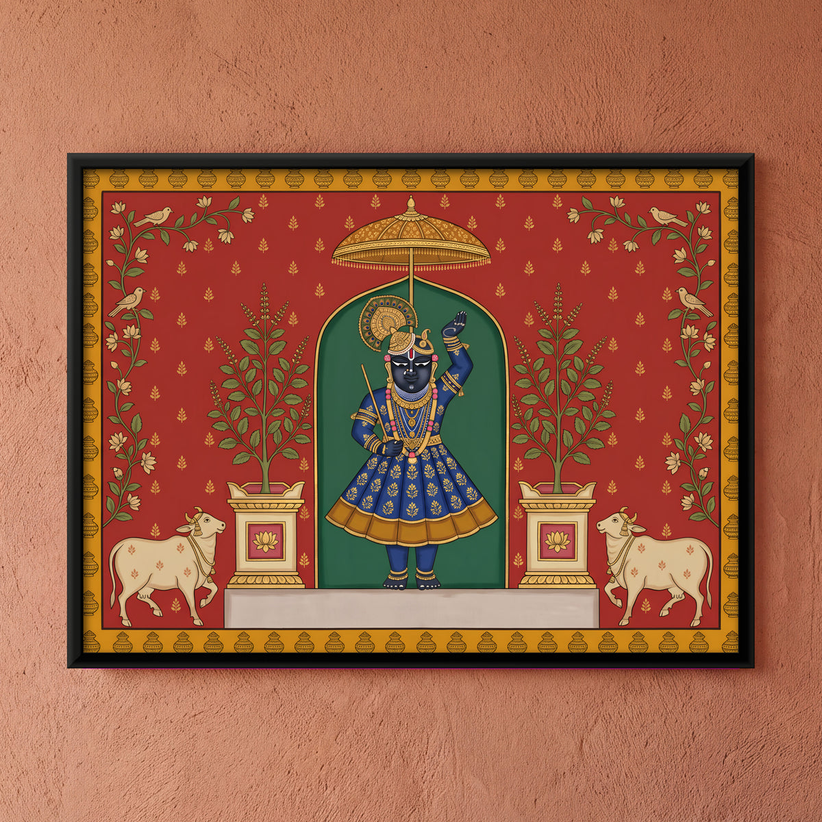 Shrinathji with Tulsi and Cows - framed canvas art hung on a wall