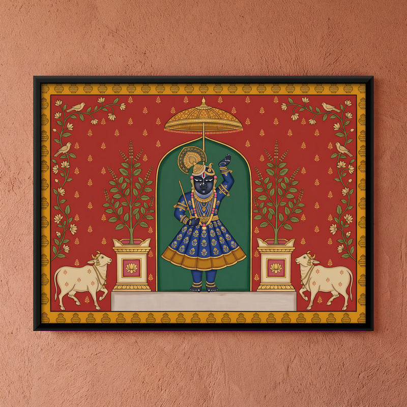 Shrinathji with Tulsi and Cows - framed canvas art hung on a wall