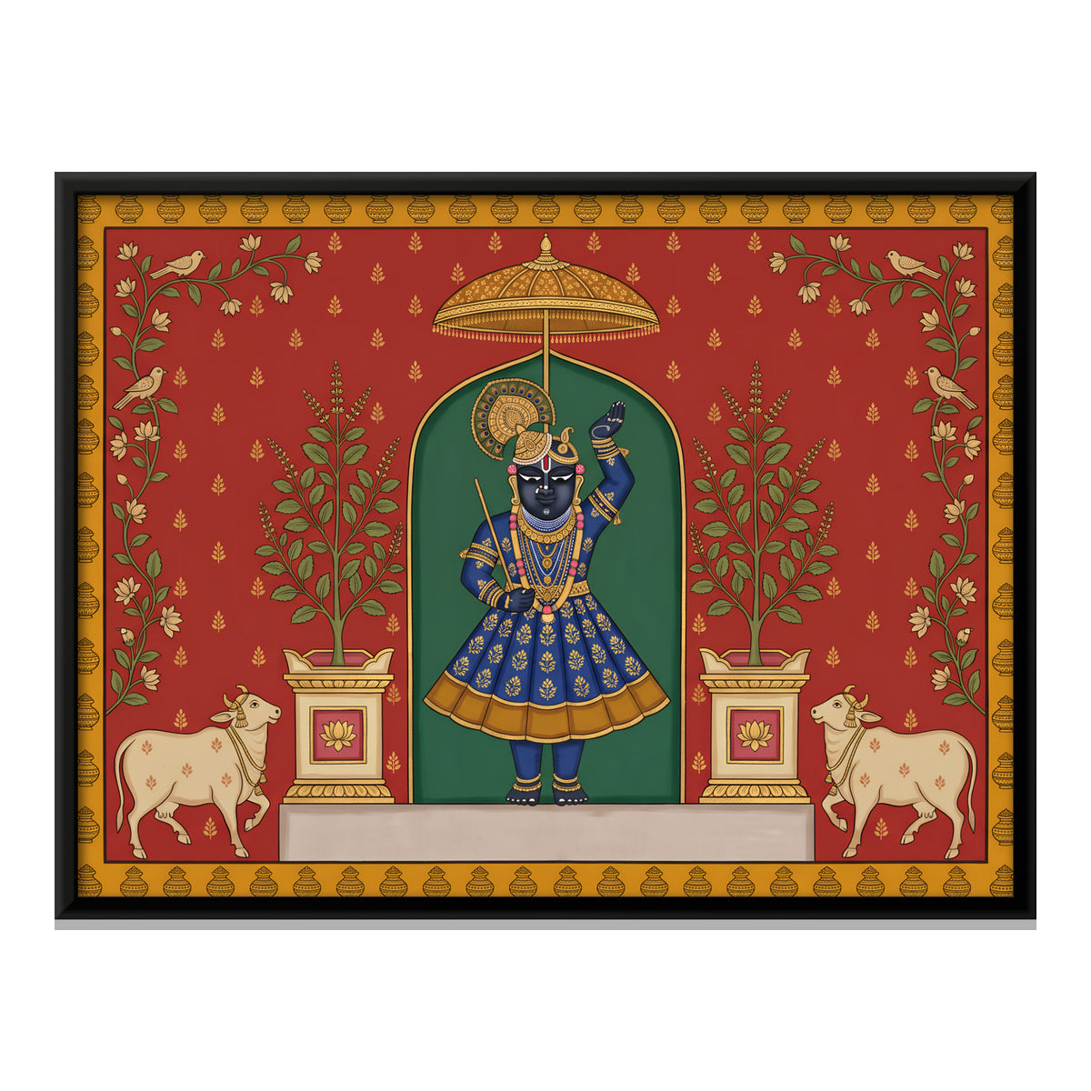 Shrinathji with Tulsi and Cows - framed canvas print, front view