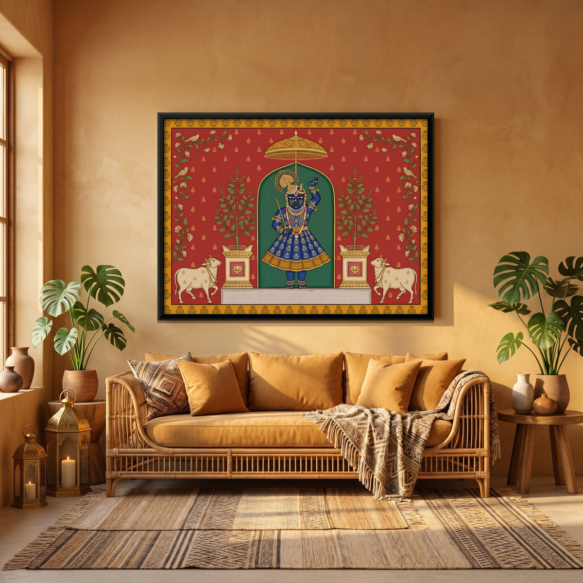 Shrinathji with Tulsi and Cows - canvas art shown in a styled room