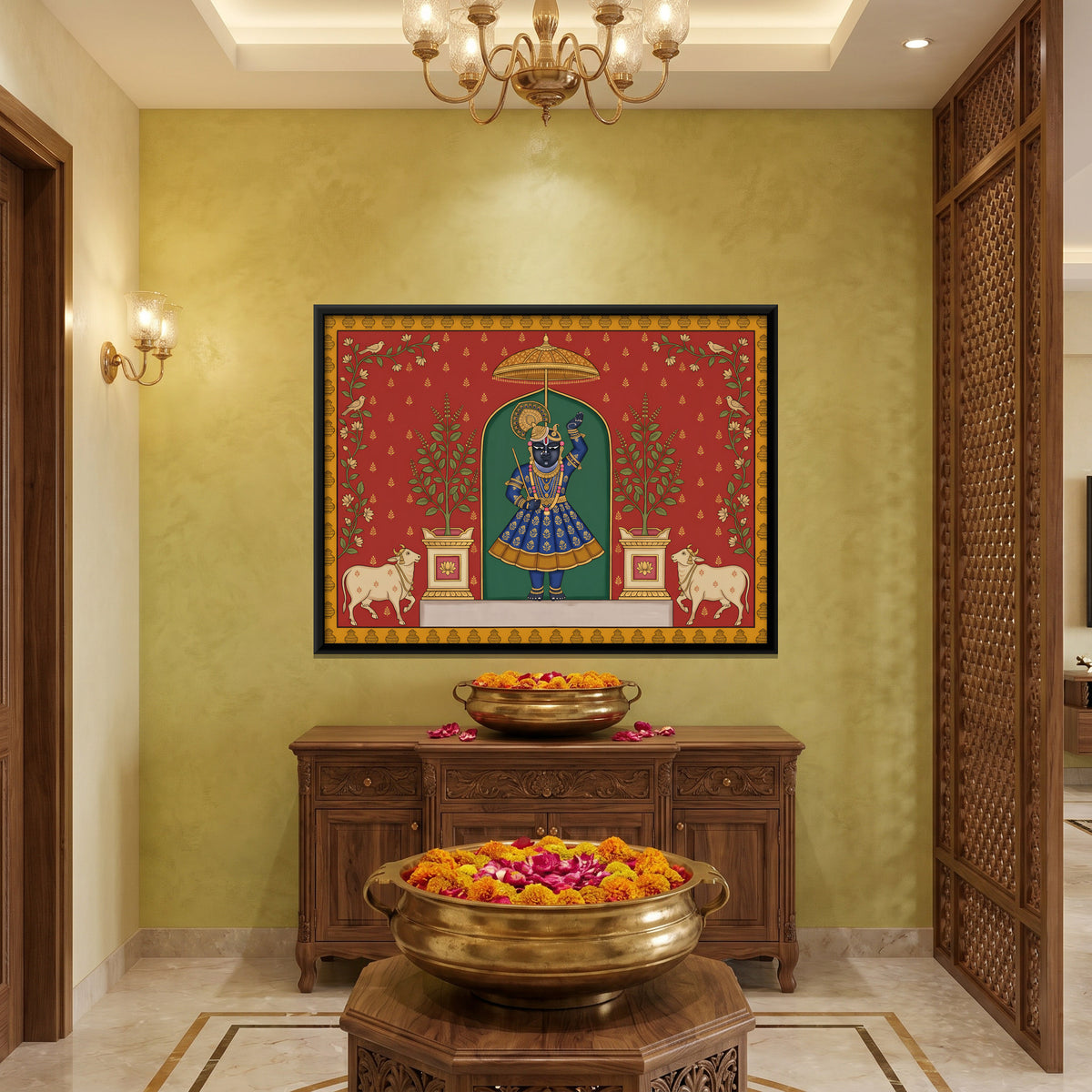 Shrinathji with Tulsi and Cows - canvas art shown in a second room setting