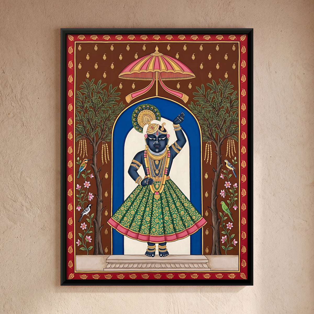 Shrinathji with Shami Trees - framed canvas art hung on a wall