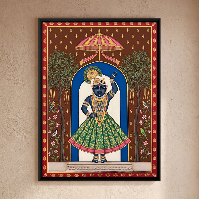 Shrinathji with Shami Trees - framed canvas art hung on a wall