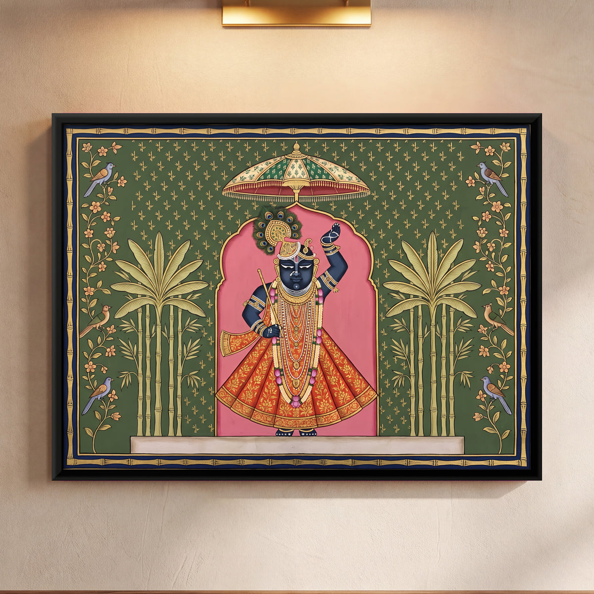 Shrinathji in a Bamboo Grove - framed canvas art hung on a wall