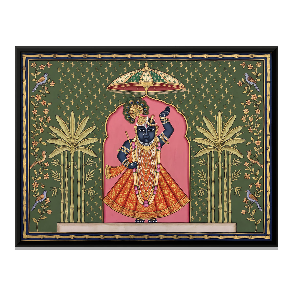 Shrinathji in a Bamboo Grove - framed canvas print, front view