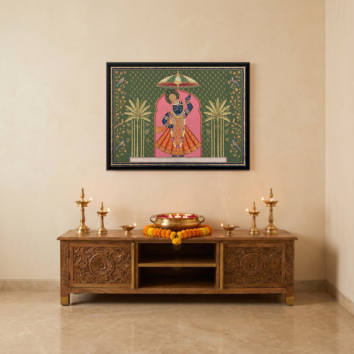 Shrinathji in a Bamboo Grove - canvas art shown in a styled room