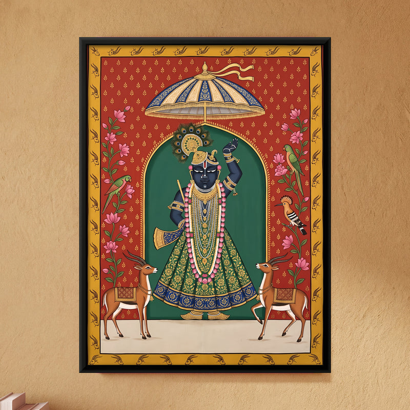 Shrinathji with Gazelles - framed canvas art hung on a wall