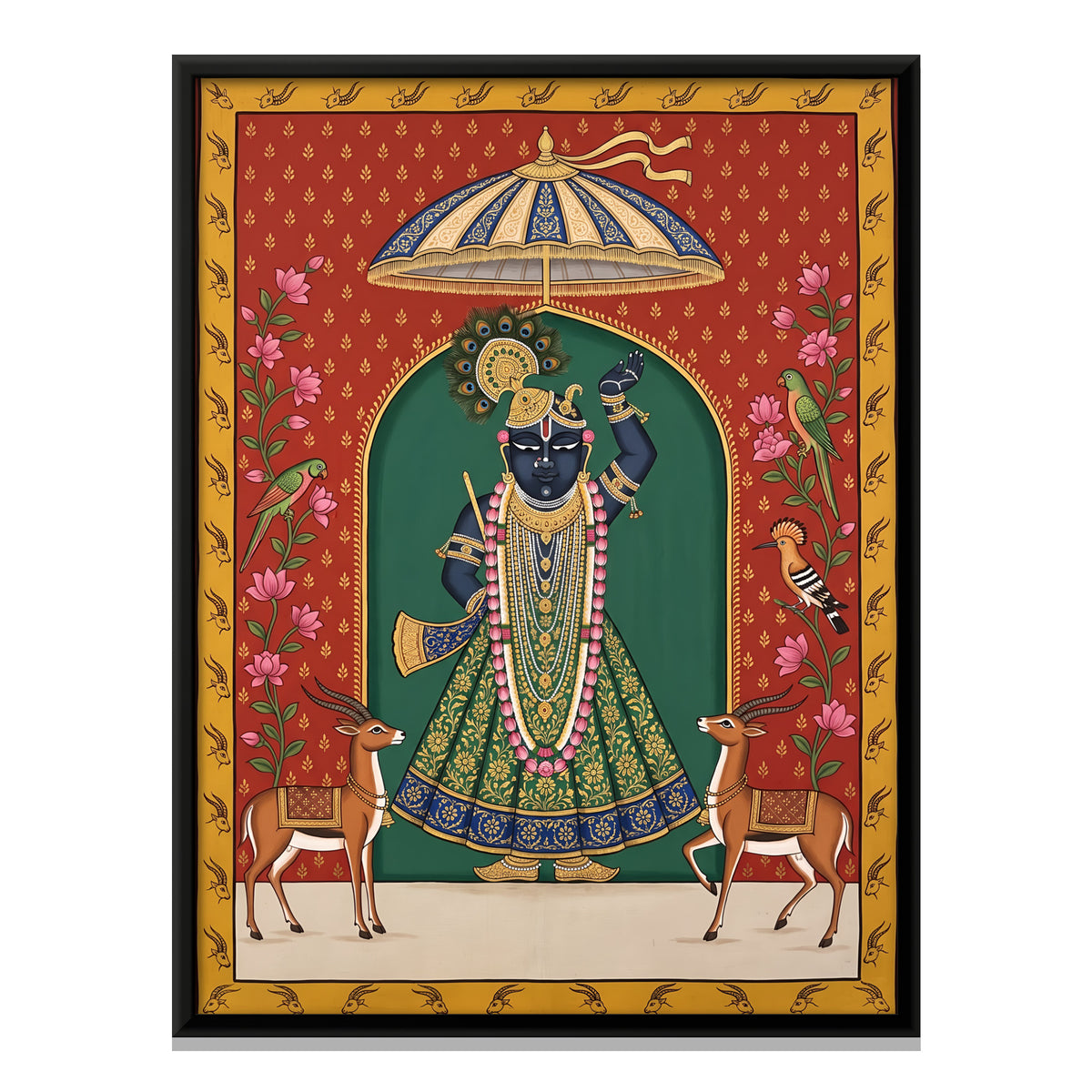 Shrinathji with Gazelles - framed canvas print, front view