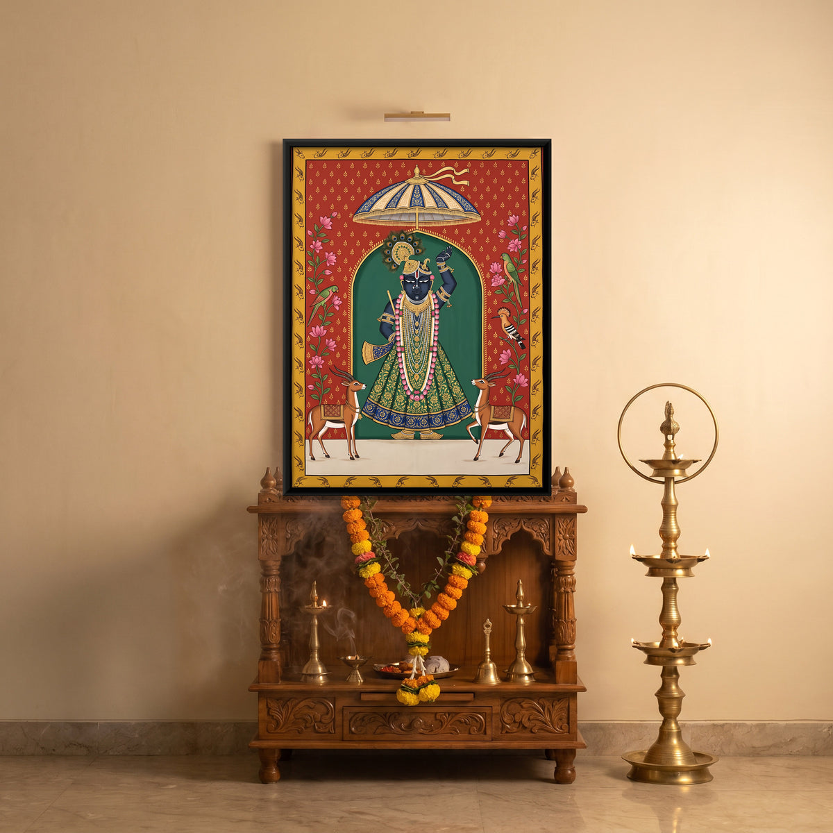 Shrinathji with Gazelles - canvas art shown in a styled room