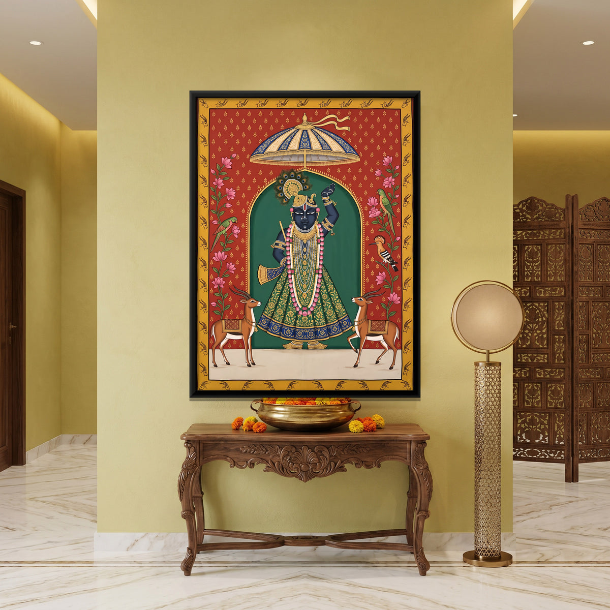 Shrinathji with Gazelles - canvas art shown in a second room setting