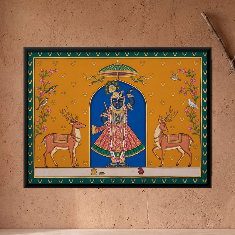 Shrinathji with Stags - framed canvas art hung on a wall