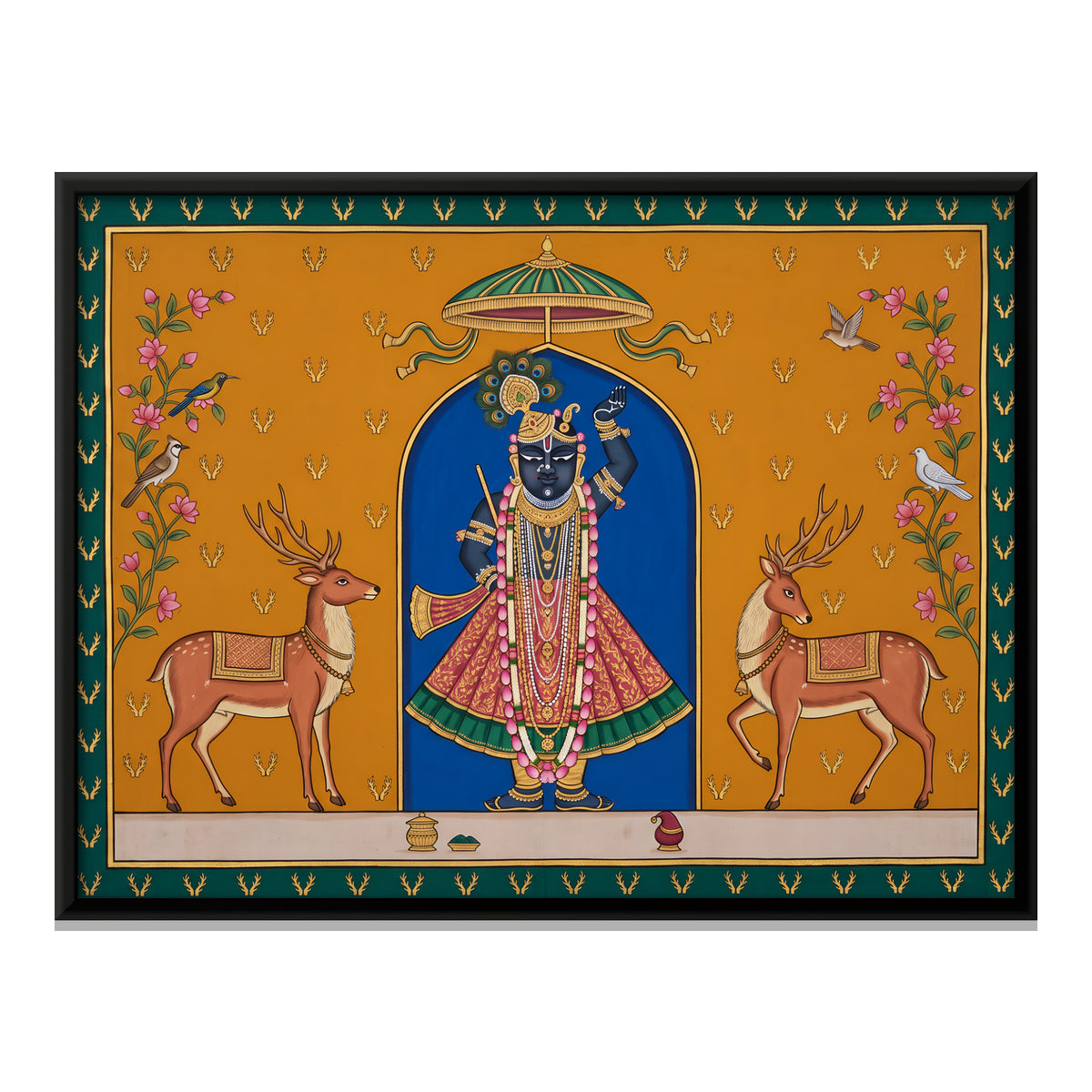 Shrinathji with Stags - framed canvas print, front view