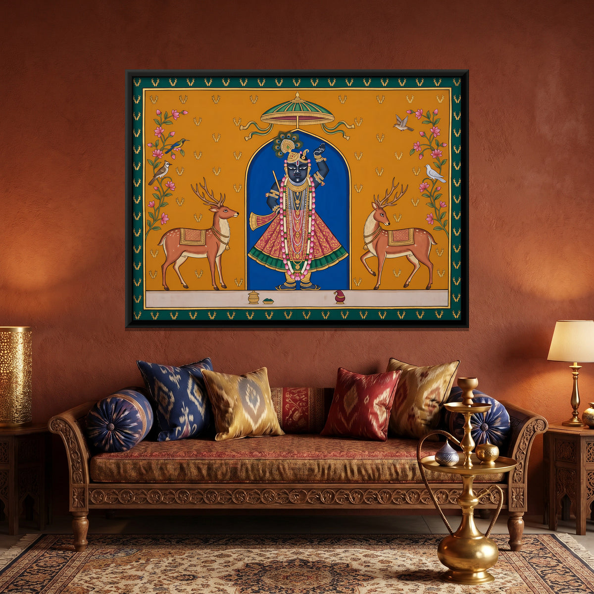 Shrinathji with Stags - canvas art shown in a styled room