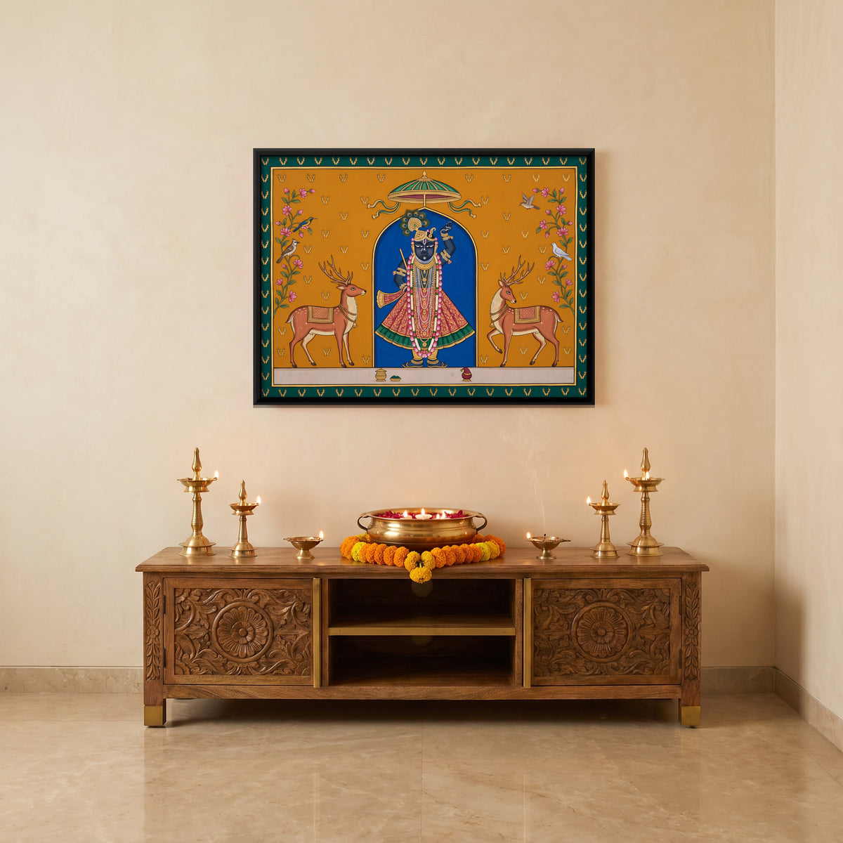 Shrinathji with Stags - canvas art shown in a second room setting