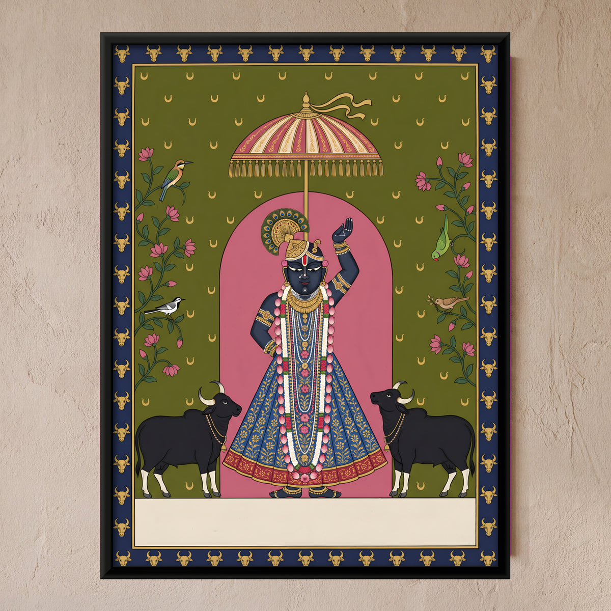 Shrinathji with Indian Bison - framed canvas art hung on a wall