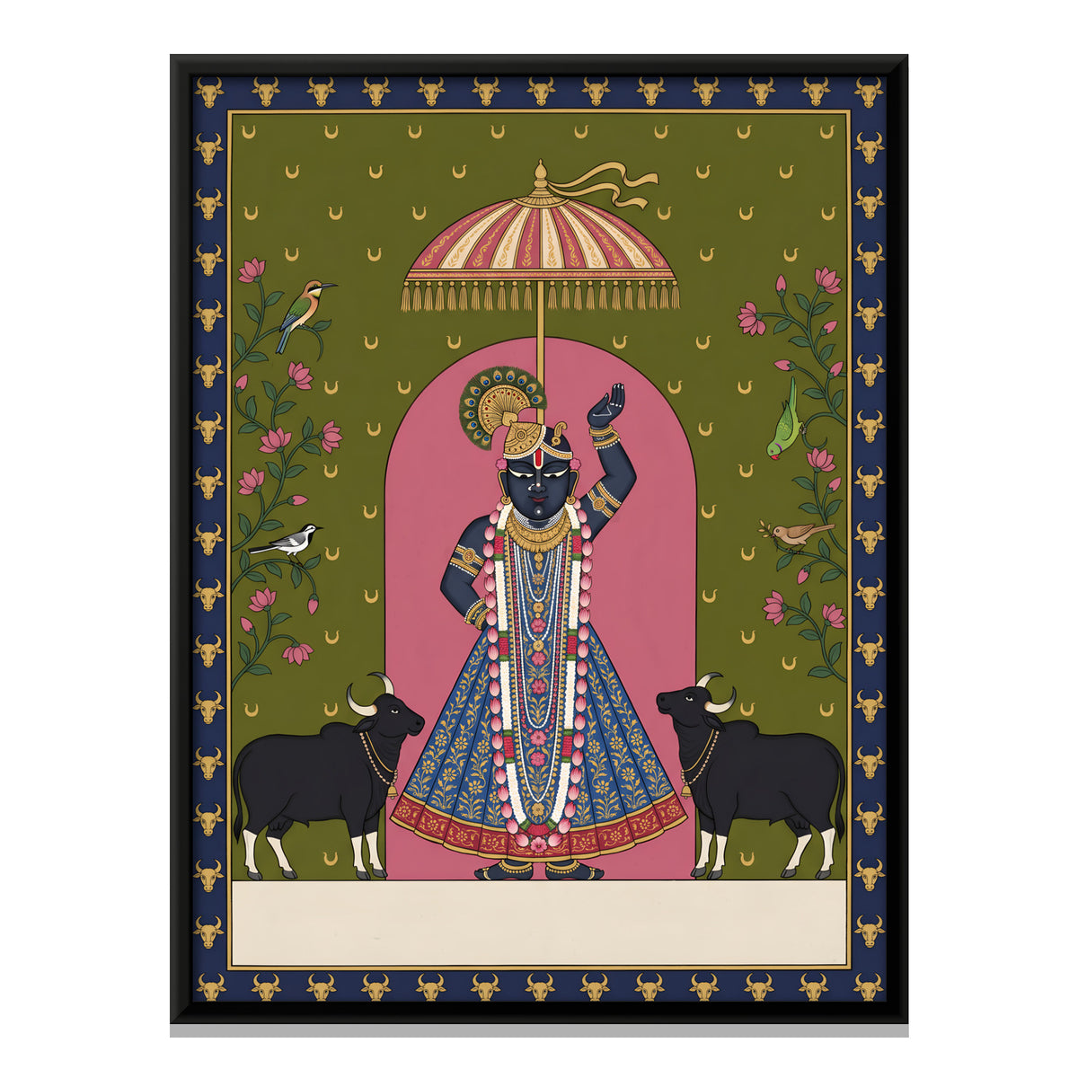 Shrinathji with Indian Bison - framed canvas print, front view