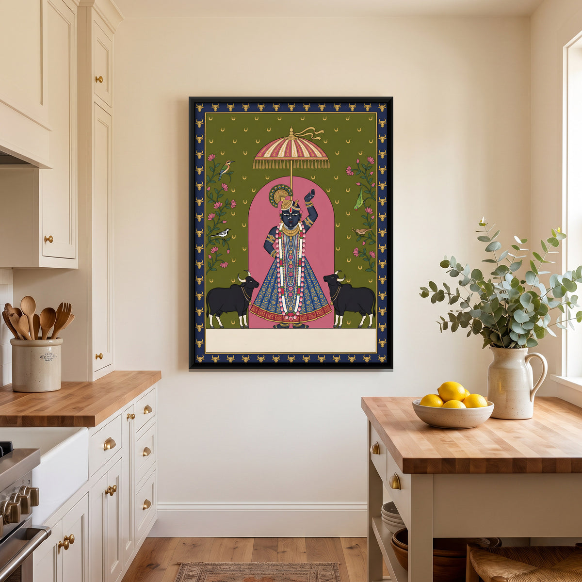 Shrinathji with Indian Bison - canvas art shown in a styled room