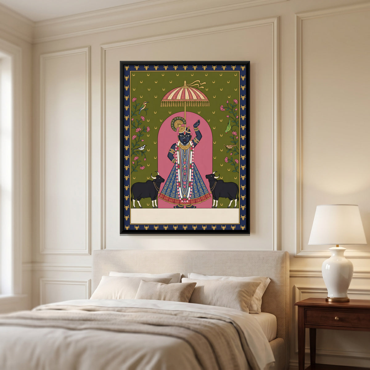 Shrinathji with Indian Bison - canvas art shown in a second room setting