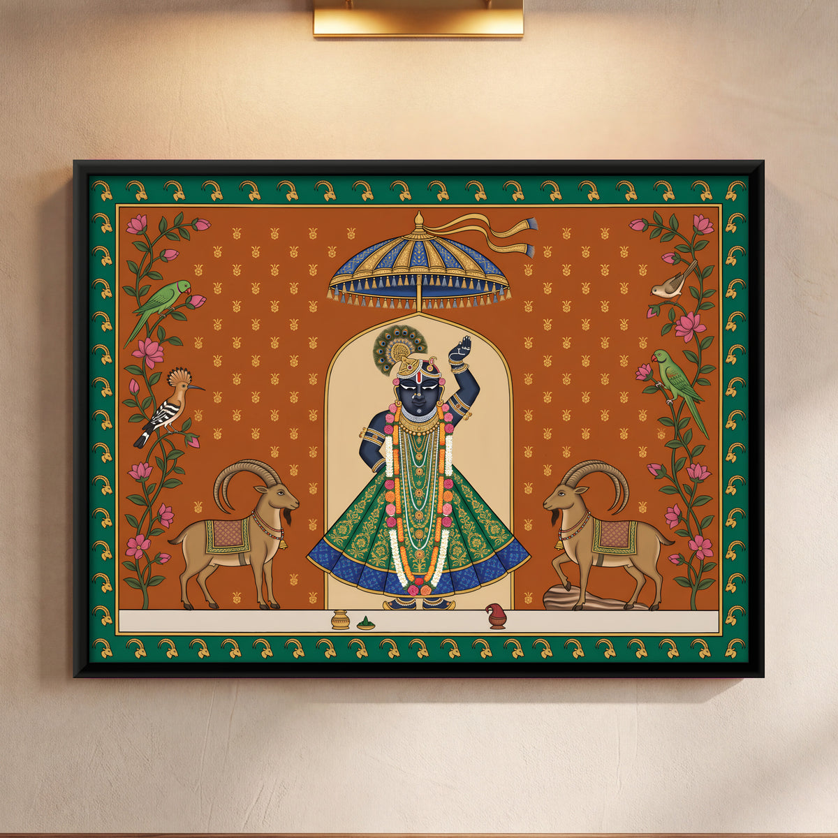 Shrinathji with Ibex - framed canvas art hung on a wall