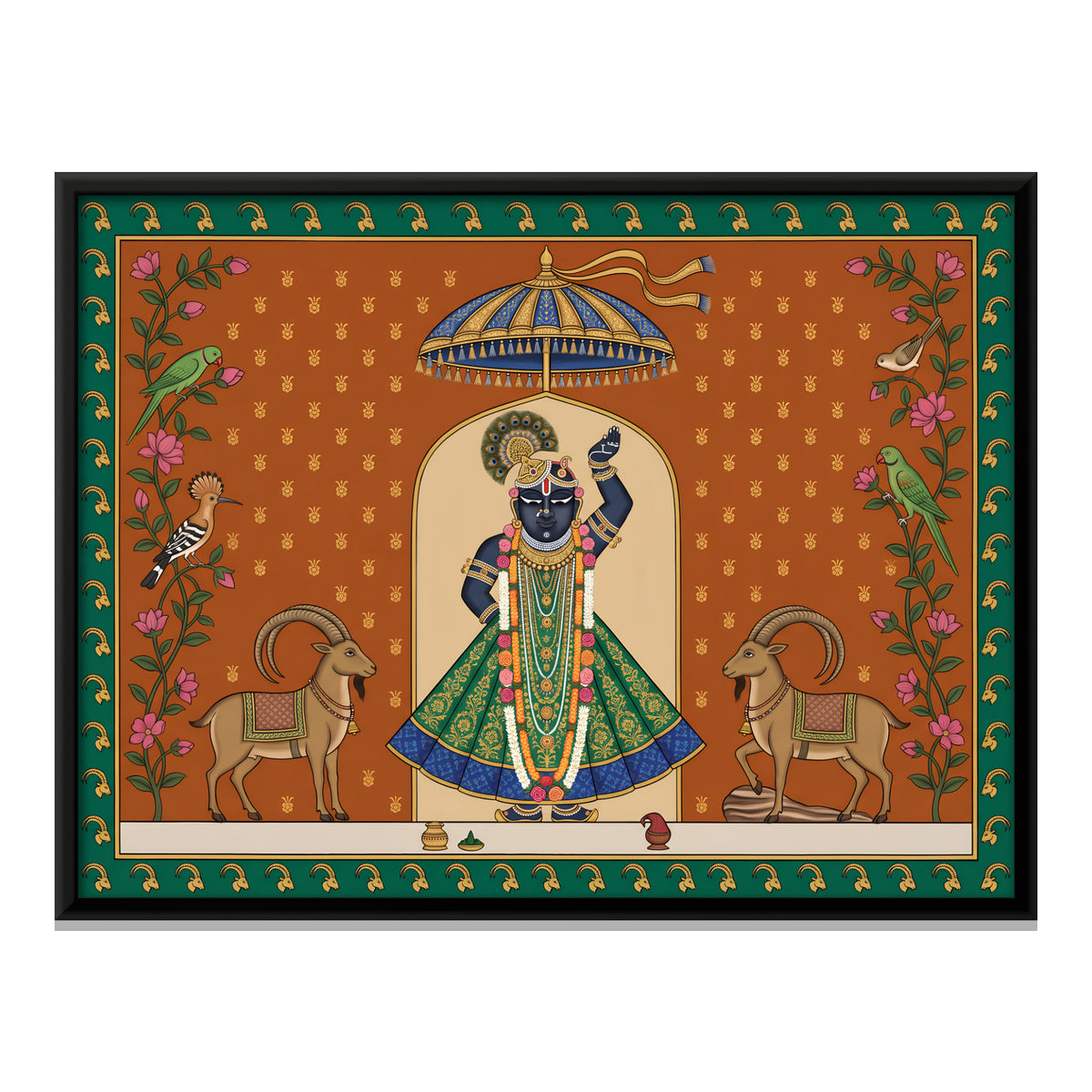 Shrinathji with Ibex - framed canvas print, front view